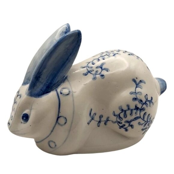 Hand Painted Chinoiserie Blue White Bunny Figurine Glazed Ceramic Easter Rabbit - Picture 3 of 9